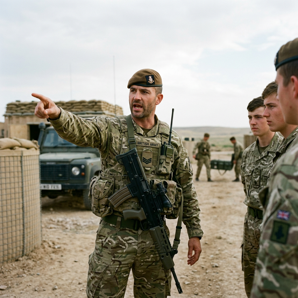 British Army sergeant in camouflage uniform giving instructions to soldiers in a desert setting